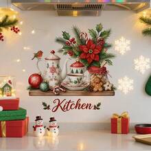3/1pc Christmas Kitchen Wall Sticker. Mini Xmas Tree, Holly Utensil With Kitchen Letter Design. Morden Theme Xmas Vinyl Srickers For Kitchen Dining Room Winter Holiday Party Decor. - View 11
