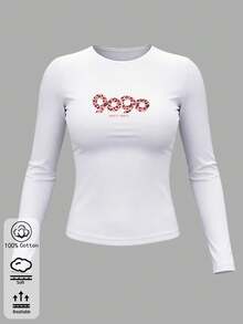 Women's Pure Cotton Long-Sleeve Top T-Shirt Casual Tee With Red Floral Print, Crew Neck Slim Fit, Fall Winter Basic Layering Blouse - White - View 4