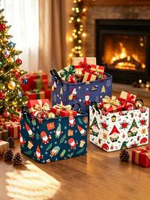 1PCFestive Christmas Style Square Storage Basket With Gnome Xmas Print& Reinforced Handle Detail,Foldable For Space‑Saving Organization,Household Sundries Storage Bin,Desktop Organizer Container,Suitable For Christmas Winter Bedroom Home Use - Multicolor - View 10