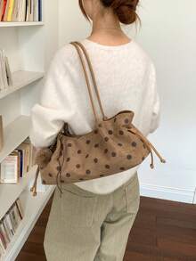 New Fall/Winter Fashionable Casual Polka-Dot Print Suede Large-Capacity Women's Shoulder Bag With Charms, Pleated Design Handbag - Khaki - View 5