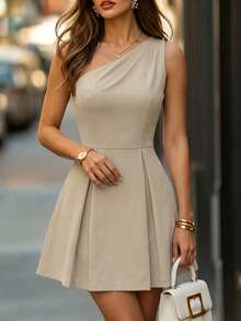 Women's Casual Summer Khaki One Shoulder Mini Dress, Ruched Top Pleated Flared Skirt Slim Fit Party Short Dress - Khaki - View 2