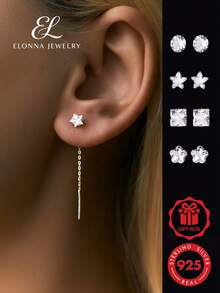 SYMFNY 1 Pair Of 925 Silver Minimalist Mini Geometric Pentagram Heart-Shaped Flower Circular Square Artificial Zirconia Ear Threading Thread - Silver - View 1