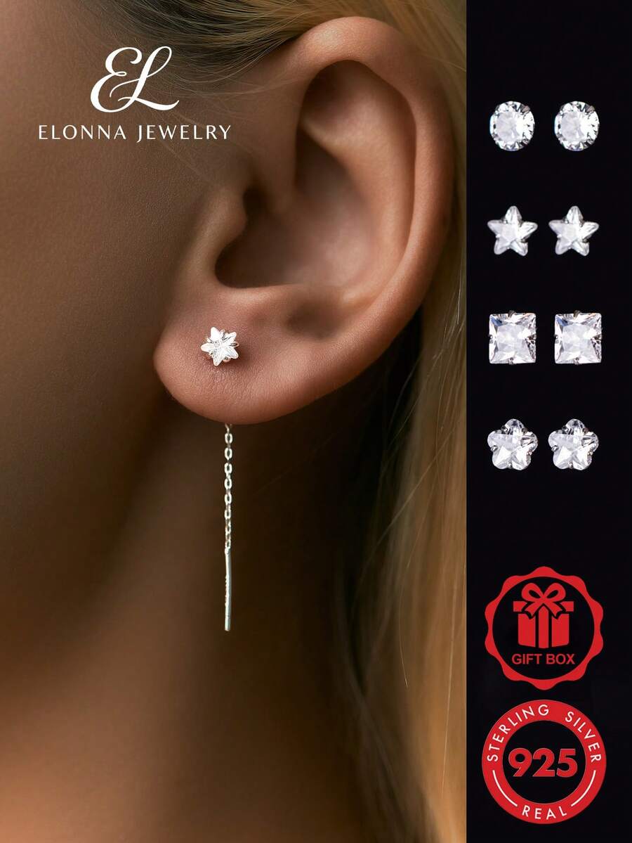 SYMFNY 1 Pair Of 925 Silver Minimalist Mini Geometric Pentagram Heart-Shaped Flower Circular Square Artificial Zirconia Ear Threading Thread - Silver - View 1