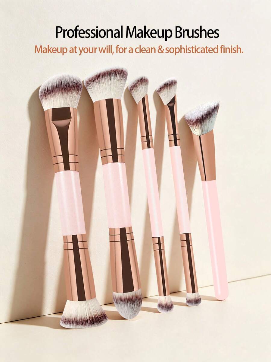 5pcs Dual-Ended Makeup Brush Set, Soft Fluffy Synthetic Bristles, Multi-Function Face & Eye Makeup Brushes For Foundation, Blush, Contour, Concealer, Eyeshadow, Powder Gold Handle Beauty Tools, Beginner Friendly - Pink - View 1