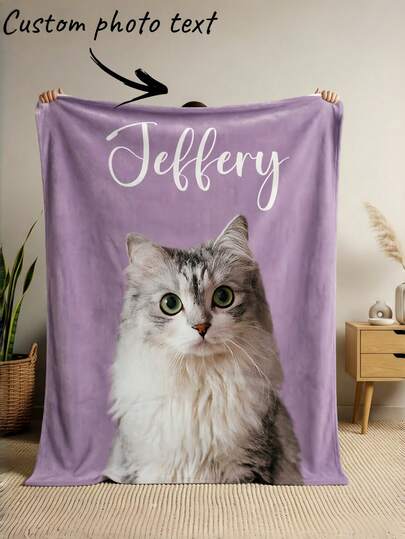 1pc Customized Dog/Cat Photo Blanket, Personalized Pet Name Blanket With Dog Paw/Fish Bone Pattern, Pet Birthday Gift, New Home Gift, Decorative, Fashionable Cat, Cute, Colorful, Unique & Adorable, Customized Home Decor, Ideal Gift For Him/Her, Family, Friends, Pet Lovers, Suitable For Anniversary, Birthday, Decorative, Fashionable, Colorful, Vintage, Cute, Minimalist, Unique & Adorable, Customized