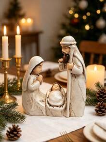 1pc Holy Family Manger Set, Vintage Faux Wood Carved, Distressed Jesus Birth Scene Figurine, Small Character Design, Home Desktop Decor, Sculpture Ornament, Suitable For Church Gifts, Baptism Gifts, Easter / Christmas Religious Favors, Perfect Gift Choice - Multiple Styles - View 2