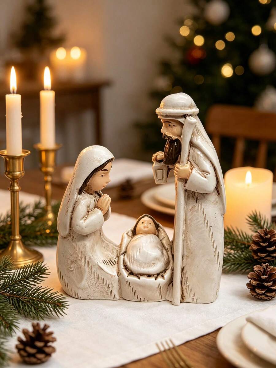 1pc Holy Family Manger Set, Vintage Faux Wood Carved, Distressed Jesus Birth Scene Figurine, Small Character Design, Home Desktop Decor, Sculpture Ornament, Suitable For Church Gifts, Baptism Gifts, Easter / Christmas Religious Favors, Perfect Gift Choice