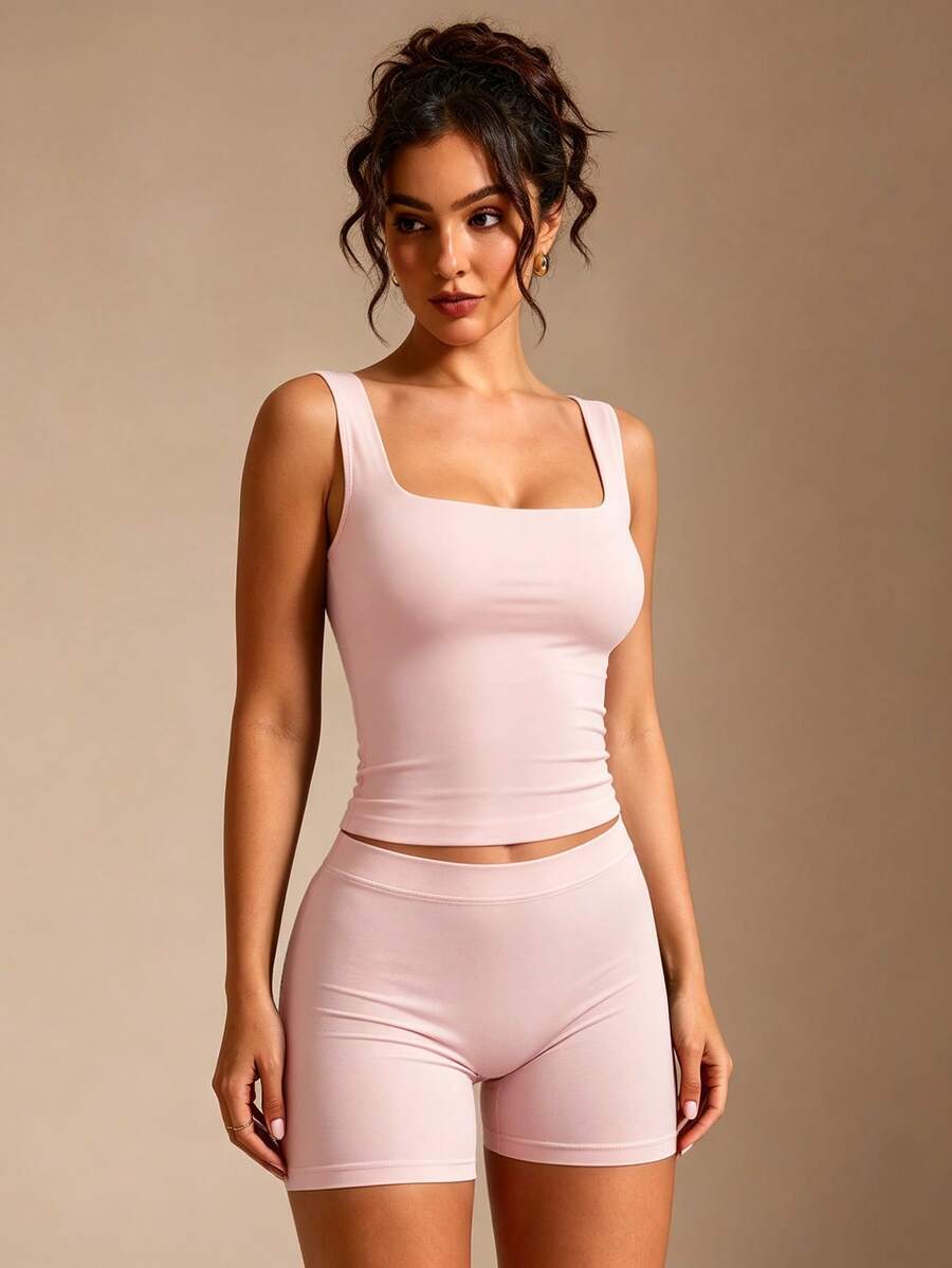 XLLAIS Women's Solid Color Square Neck Sleeveless Tank Top, Casual Fit, Pink Blouse Suitable For Valentine's Day Summer - Pink - View 1