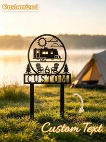 Customizable Family Name RV Camping Metal Yard Sign, Outdoor Camping Themed Garden Lawn Decor, Weather-Resistant Metal Silhouette Art Decoration, Suitable For Backyard Campsite Farmhouse Yard, Personalized Text Camper Gift - Multicolor - View 2