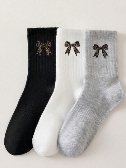 3 Pairs Women's Spotted Mid-Calf Socks, Minimalist Heart Pattern Printed Knit Socks, Suitable For Daily Wear