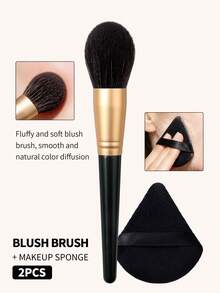 2Pcs Makeup Tool,Blush Brush,Makeup Puff,For Blush,Setting Powder,Contour, Daily Makeup, Ideal For Makeup Beginners & Women - Black - View 4