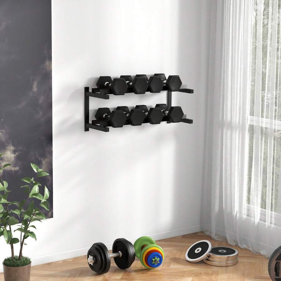 SPORTNOW Wall-Mounted Dumbbell Rack, 2-Tier Weight Rack, Space-Saving Dumbbell Stand, Multi-Functional Organiser For Kettlebells And Yoga Mats, For Home Gym, Black - Black - View 1