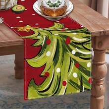 1pc Christmas Tree Table Runner, Red Background Hand-Painted Christmas Tree With Gold Stars And Red & White Polka Dot Print, Holiday Table Home Decor, Accessories Not Included - Multicolor - View 3