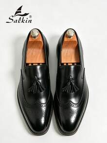 Salkin 复古设计师男士流苏便士乐福鞋，优雅绅士社交真皮鞋，柔软舒适的套脚休闲正装鞋，适合商务、派对、婚礼等多种场合，适合春秋季穿着，尺码偏小，建议选购大一码。 - 黑色 - 查看 2