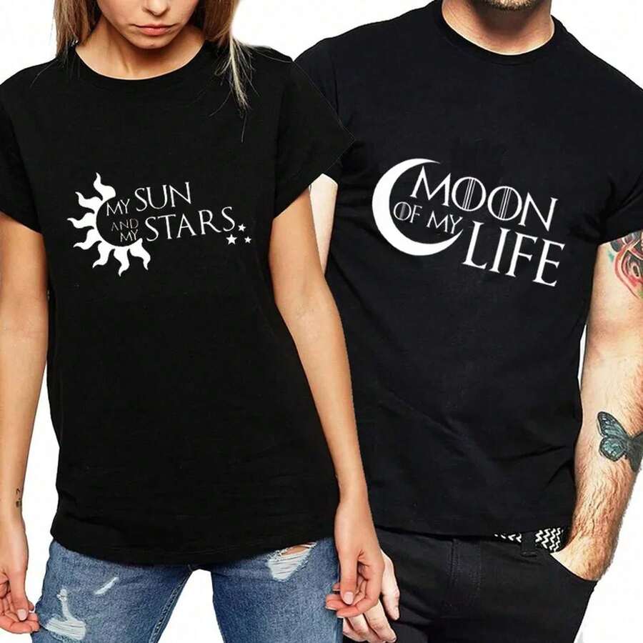 My And Moon Couple T-Shirt, Short Sleeve, Crew Neck, Loose Fit, Unisex Fashion