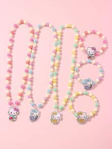 2pcs Sanrio Kids Jewelry Accessories Cute Kitty Pendant Beaded Bracelet Necklace Set, Suitable For Holiday Parties, Campus Birthday Gifts For Girls - Multicolor - View 5