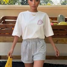 Oversized Fit, Women, Soft Cotton Blend, Short Sleeve, Embroidered Strawberry Graphic, Crew Neck, Breathable Comfort, Casual Summer Outing - White - View 1