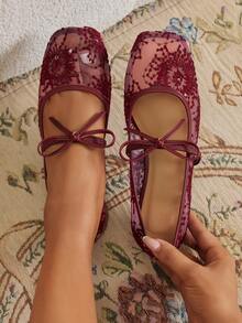 Women's Burgundy Flat Ballet Shoes With Bow Decor, Embroidered Mesh Hollow Out Breathable Square Toe Sequin Comfortable Mary Jane Sandals For Summer - Burgundy - View 5