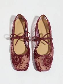 Women's Burgundy Flat Ballet Shoes With Bow Decor, Embroidered Mesh Hollow Out Breathable Square Toe Sequin Comfortable Mary Jane Sandals For Summer - Burgundy - View 14