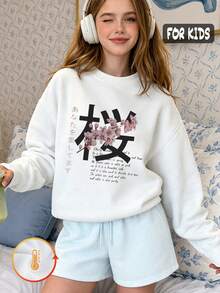 Autumn Girls Hoodie With Pink Sakura Print And Japanese Lettering, Long Sleeve Crew Neck, Loose Fit - White - View 3