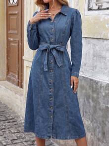 Women's Traceable Cotton Cinched Waist Long Denim Dress Casual - Blue - View 4
