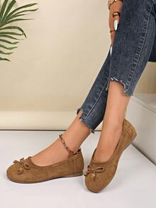 Spring Autumn New Faux Suede Ballet Flats, Round Toe Slip‑On Shoes, Bow Bead Decor Cute Versatile Low Vamp Flat Daily Shoes - Brown - View 4