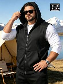 1XL-5XL Plus Size Men's Solid Color Hooded Tank Top, Street Casual Fashion, Loose Fit, Versatile - Black - View 2