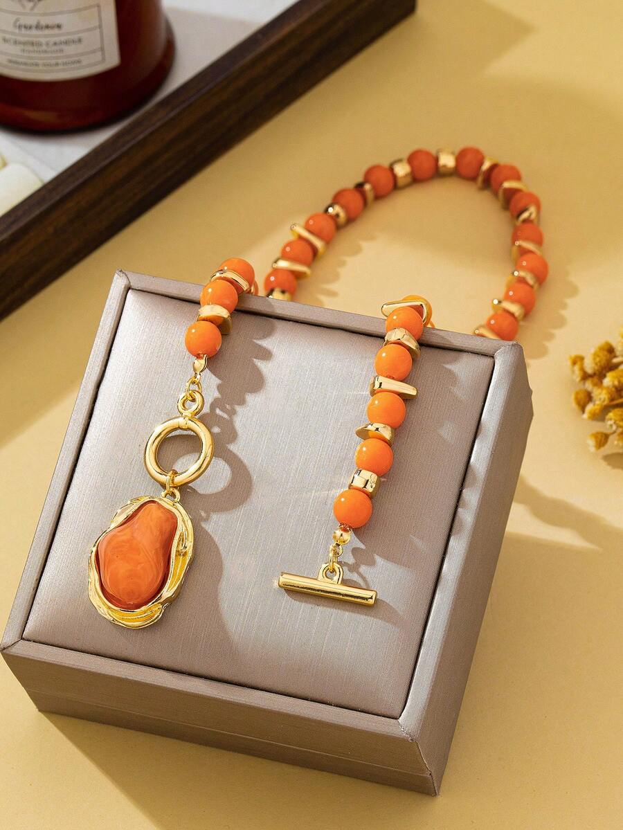 1pc Fashionable Minimalist High-Intellect Style Beaded Asymmetric Pearl Pendant Necklace, Suitable For Women's Daily, Work, Party And Holiday Wear - Orange - View 1