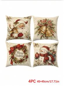 4pcs Winter Christmas Vintage Santa Claus Reindeer Snowman Christmas Wreath Pattern Cushion Covers, Single-Sided Printed Skin-Friendly Peach Skin Velvet Material, 45*45/40*40/50*50CM Pillow Covers Suitable For Room Decoration, Indoor Sofa Living Room Decoration Party Decoration, Decorative Cushion Covers Gift - Multicolor - View 9