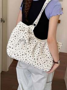 Tote Bag With All-Over Star Print Pattern, Star Pendant Accessory Decoration, Extended Shoulder Strap, Large Capacity Open Top Closure, Versatile Daily Bag For School, Work, Travel, Shopping, Commuting, Shoulder Large Bag - White - View 4
