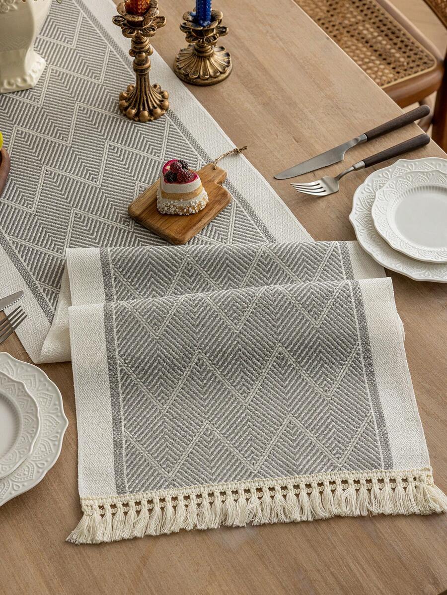 1pc Grey Table Runner With Tassels, Suitable For Home Tabletop Decor, Wedding, Restaurant, Living Room, Autumn Decoration, Autumn Home Decor, Home Decor, Kitchen Decor, Room Decor, Kitchen Accessories, Dining Table Decor, Dining Table Decor, Dining Table Decor