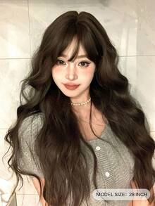alicegarden 28 Inch Long Synthetic Wig, Natural Wavy Curls, Stunning Chocolate Brown, With Bangs, Suitable For Daily, Party, Cosplay Use, Natural And Durable, Women's Wig Gift (Accessories Not Included) - Chocolate Brown - View 2