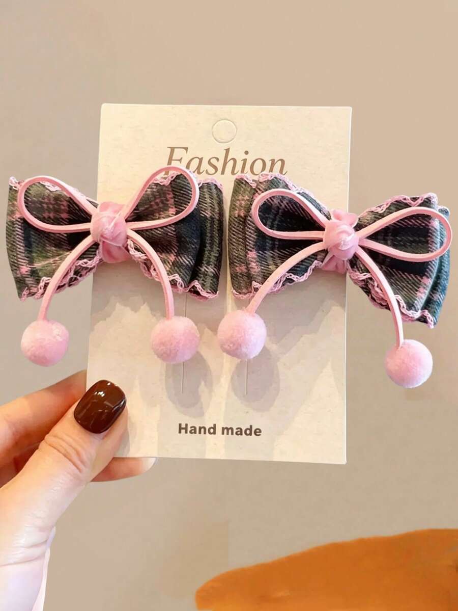 2pcs Girls Autumn/Winter Vintage Versatile Multi-Color Plaid British Style Bow Hair Clips - Pink - View 1