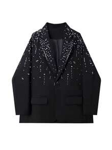 Women's Elegant Black Rhinestone Decorated Blazer, With Pockets And Button Details, Suitable For Spring And Autumn Daily Wear - Black - View 6