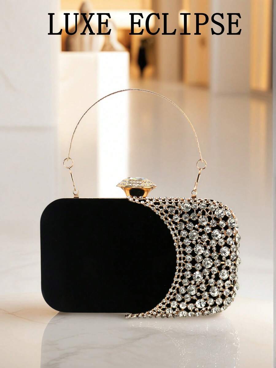 Small Gold Rhinestone Embellished Evening Clutch Bag, Metal Handle Party Handbag, Wedding Bridal Purse, Chain Shoulder Bag