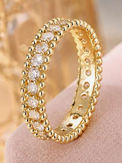 1pc Gold Tone All Around Cubic Zirconia Inlaid Ring, Luxury Beaded Band Eternity Ring For Women, Party Wedding Daily Jewelry Gift