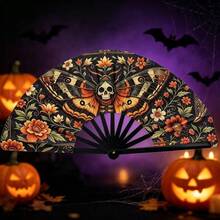 2D Flat Style, Fashionable Handheld Folding Fan, Featuring Dark Vintage Skull, Moth And Floral Pattern, Perfect For Summer Parties, Music Festivals And Bar Use. Also An Excellent Home Decor And Gift - A - View 10