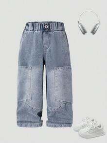 Tween Boy Loose Straight Leg Big Pocket Denim Jeans - Blue - View 3