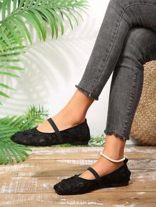 Women's 3D Floral Lace Mesh Square Toe Elastic Strap Breathable Soft Sole Shoes - Black - View 3