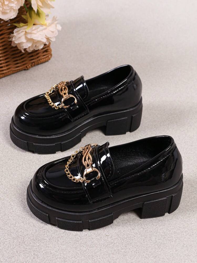 Girls' Cool Street Style Thick Sole Loafers, Classic Black Glossy Slip-On Casual Shoes, Suitable For Dinner Events And Everyday Occasions - Black - View 5