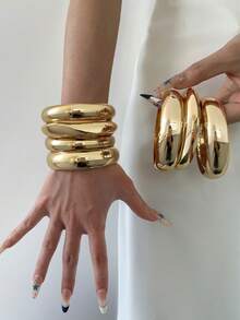 4pcs Unique Wide Cuff Bracelet Set, Gold Wide Thick Bangle Set, Luxury Elegant Style, Gift For Her - Yellow Gold - View 2