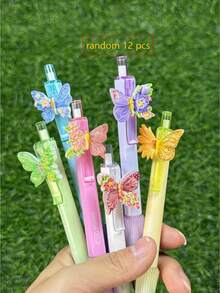 6/12pcs Macaron Color Butterfly Decor Click Neutral Pens, 3D Butterfly Flower Ornament, Playful Eye-Catching Macaron Gradient Pen Body For Writing - Multicolor - View 13