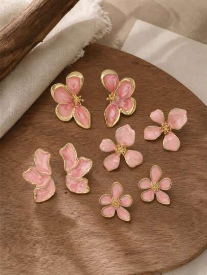 4 Pairs Elegant Pink Gradient Floral Earrings Set, Multi-Size Flower Stud Earrings Set For Daily Wear And Vacation