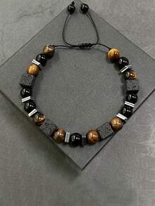 Fashionable Handmade Woven Adjustable Men's Bracelet With Tiger Eye Stone & Obsidian Vintage Minimalist Jewelry Suitable For Daily Wear / Gift Giving - Multicolor - View 1
