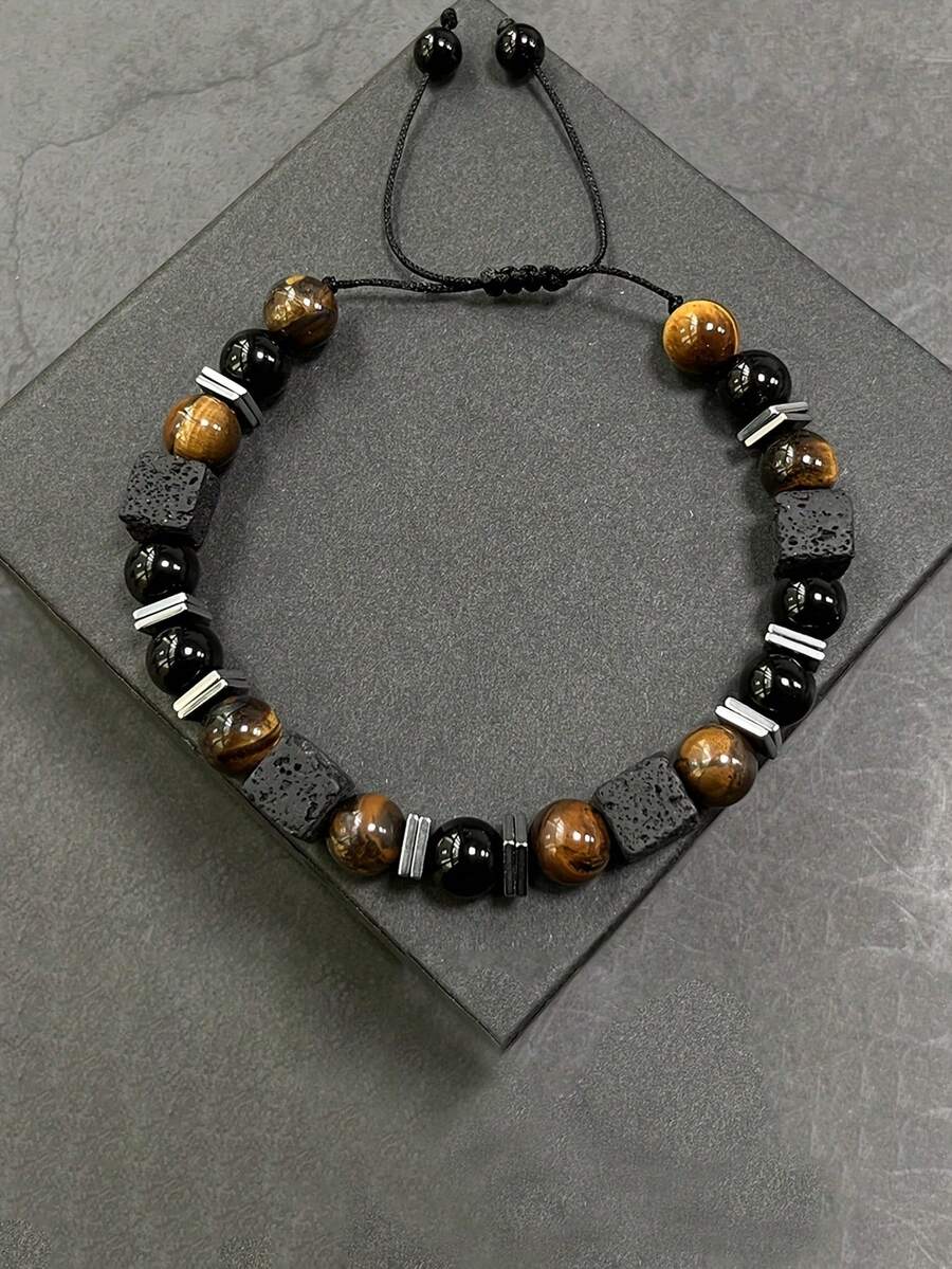 Fashionable Handmade Woven Adjustable Men's Bracelet With Tiger Eye Stone & Obsidian Vintage Minimalist Jewelry Suitable For Daily Wear / Gift Giving - Multicolor - View 1