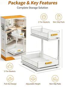 Two‑Tier Sliding Under‑Sink Storage Organizer , Adjustable‑Height Metal Rack With Pull‑Out Baskets, Available In 3 Colors, Cabinet Organizer For Kitchen Spices, Cleaning Supplies And Bathroom Toiletries - Multicolor - View 1