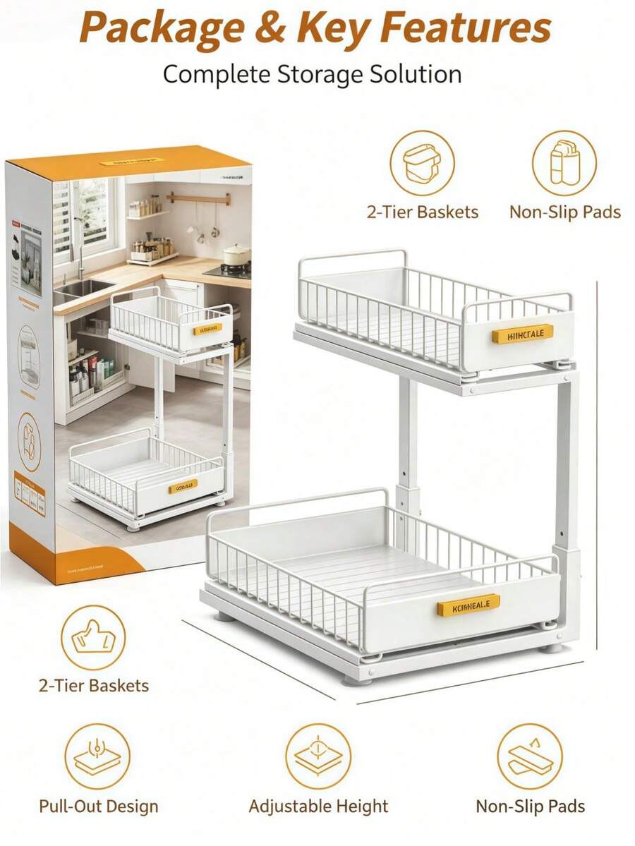 Two‑Tier Sliding Under‑Sink Storage Organizer , Adjustable‑Height Metal Rack With Pull‑Out Baskets, Available In 3 Colors, Cabinet Organizer For Kitchen Spices, Cleaning Supplies And Bathroom Toiletries - Multicolor - View 1