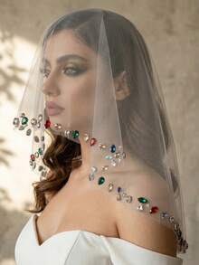 1pc Short Bridal Veil With Artificial Rhinestone Embellishment, For Wedding Veil, Bachelorette Party And Wedding Photography Headpiece - White - View 4