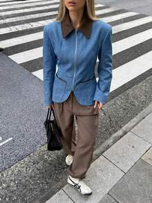 Fashionable Women's Light Blue Denim Jacket With Brown Collar, Full Zip Design, Pockets, Autumn Essential - Blue - View 5