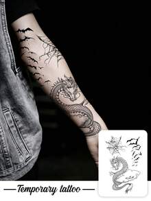 1pc Temporary Tattoo Sticker, Chinese Line Art Dragon Bat Spider Web Pattern, Realistic Fake Tattoo Design, Suitable For Daily Wear, Bachelorette Party Favors, Music Festivals, Cosplay, Graduation Gifts, Lasts 3‑5 Days - Black - View 1